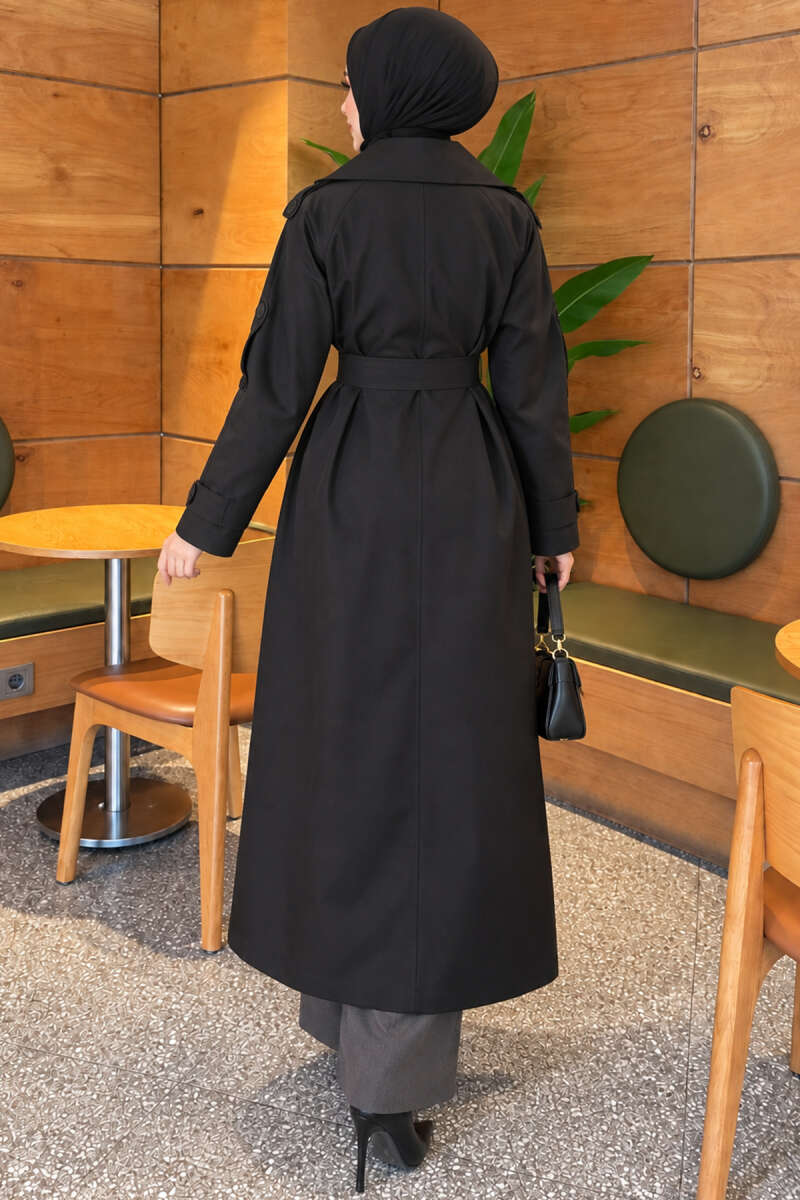 Belted Trench Coat with Button Detail - Black