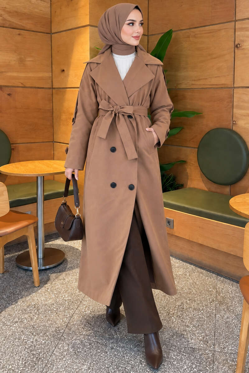 Belted Trench Coat with Button Detail - Tan