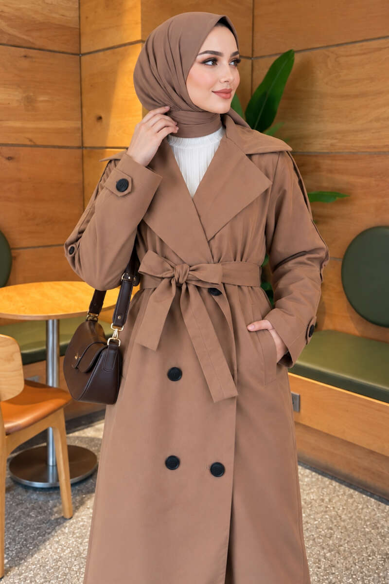 Belted Trench Coat with Button Detail - Tan