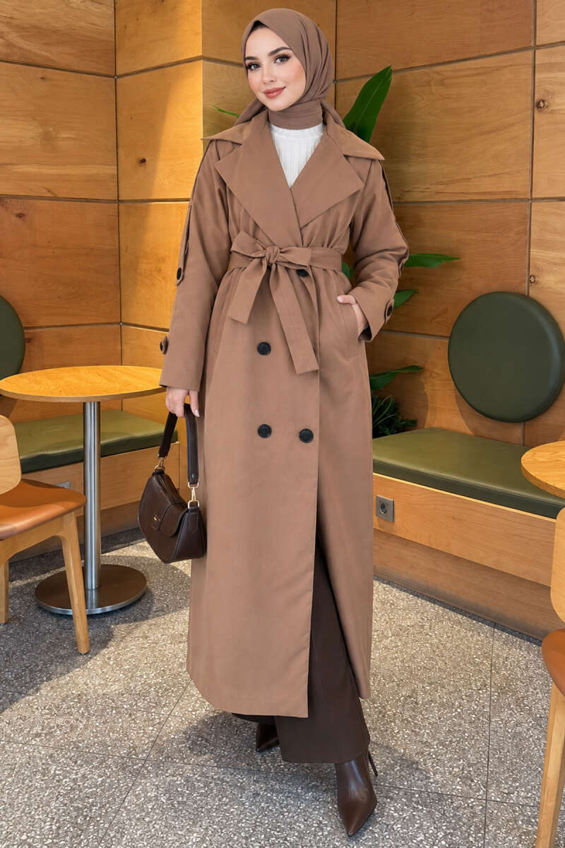 Belted Trench Coat with Button Detail - Tan