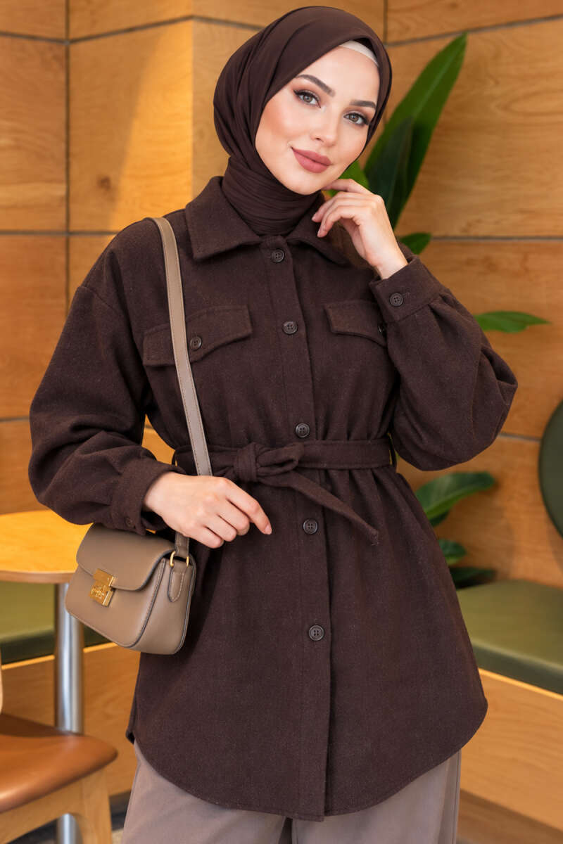 Belted Felt Jacket with Buttons - Dark Brown