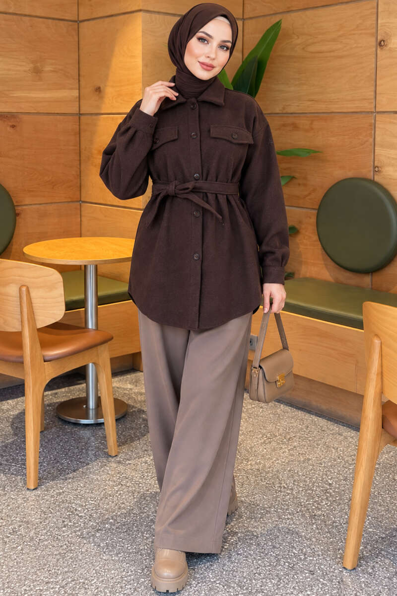 Belted Felt Jacket with Buttons - Dark Brown