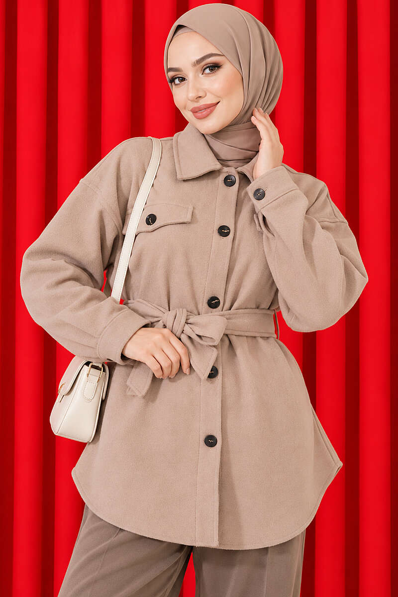 Belted Felt Jacket with Buttons - Beige