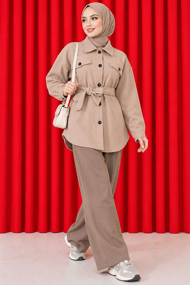 Belted Felt Jacket with Buttons - Beige