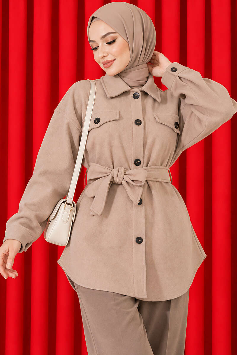 Belted Felt Jacket with Buttons - Beige