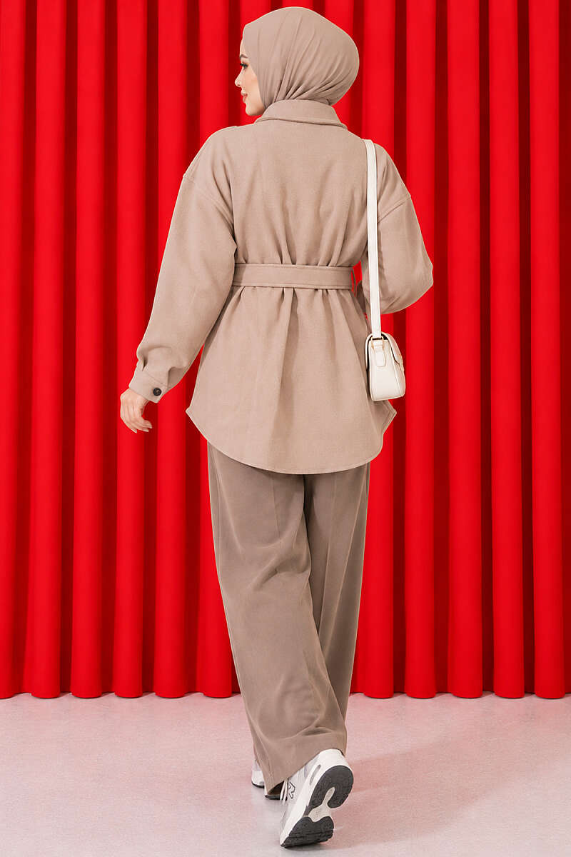 Belted Felt Jacket with Buttons - Beige