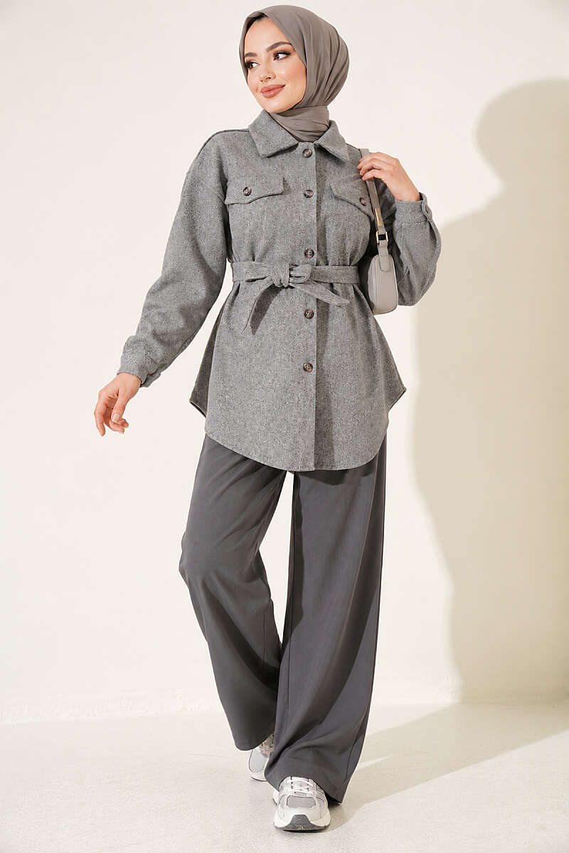 Belted Felt Jacket with Buttons - Grey