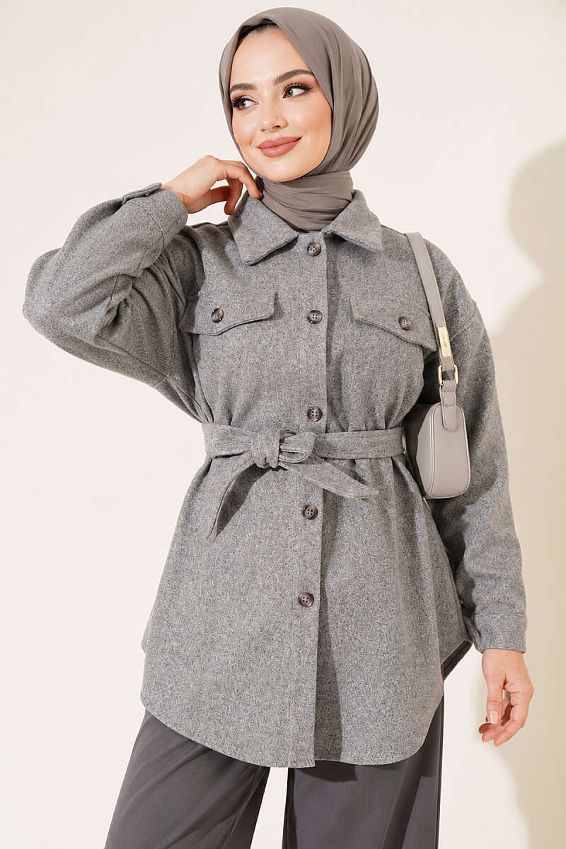 Belted Felt Jacket with Buttons - Grey