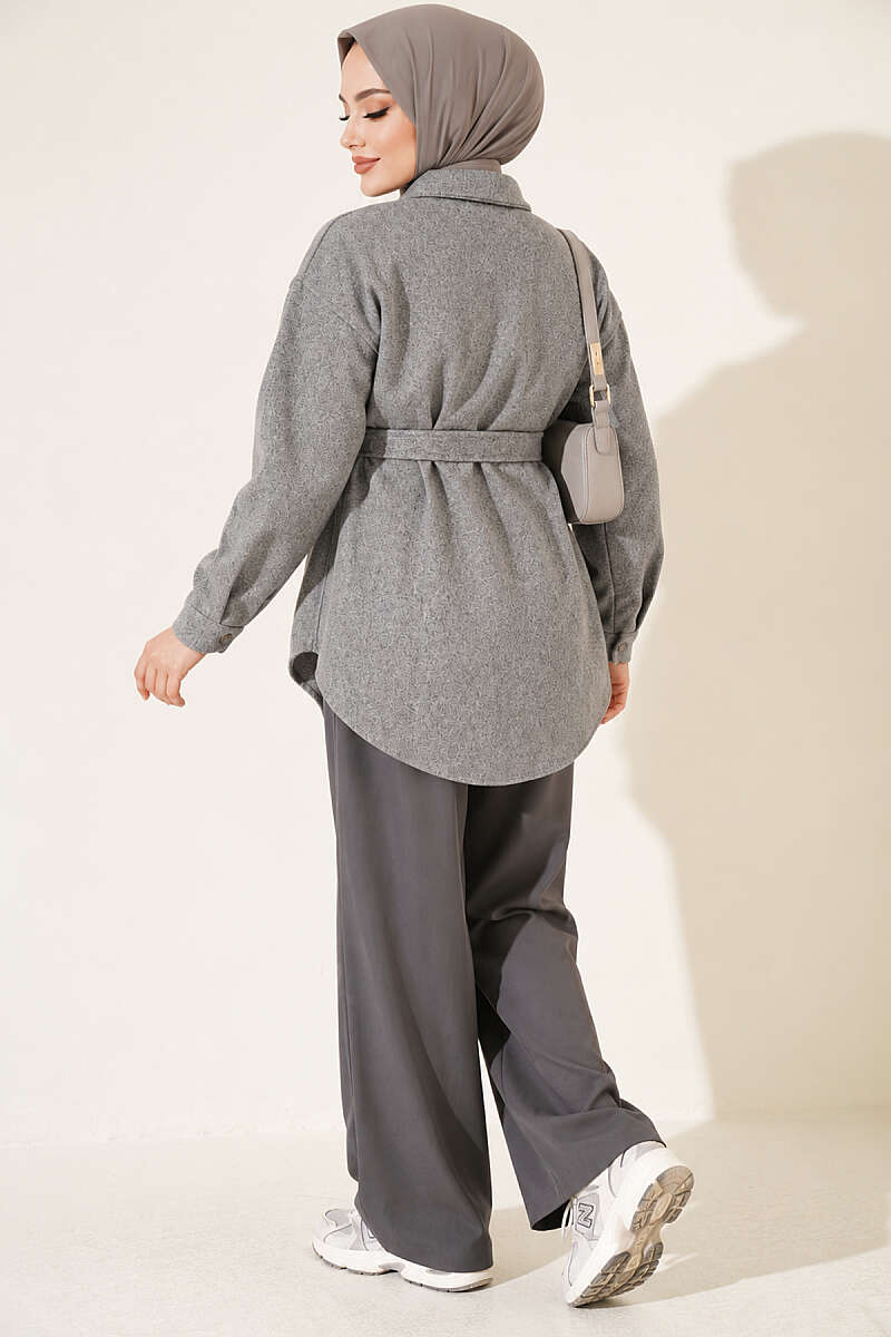 Belted Felt Jacket with Buttons - Grey