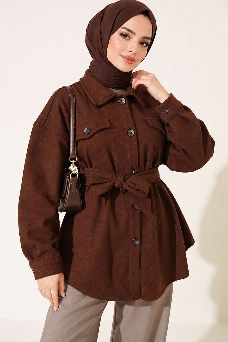 Belted Felt Jacket with Buttons - Brown