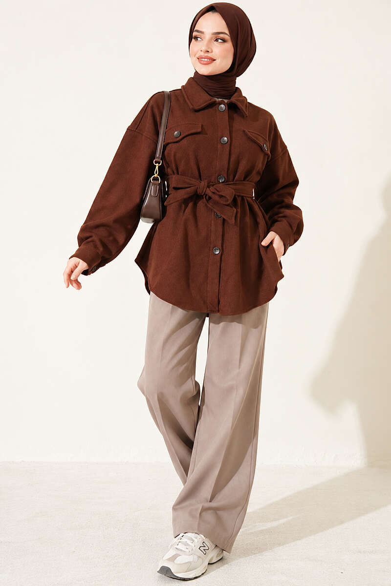 Belted Felt Jacket with Buttons - Brown