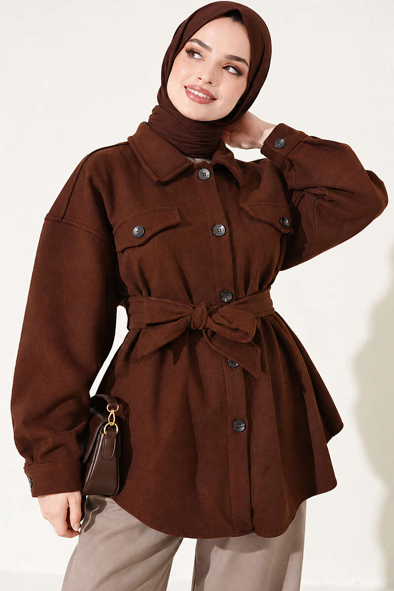 Belted Felt Jacket with Buttons - Brown