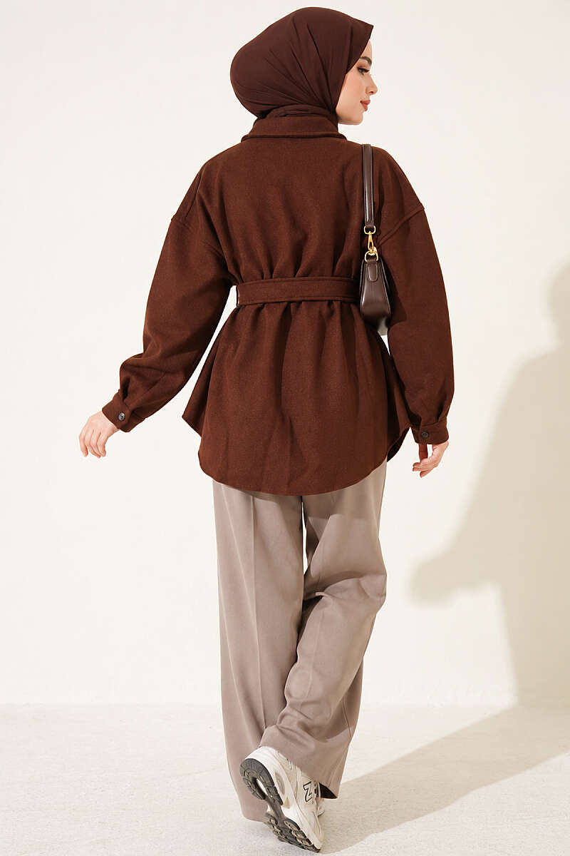 Belted Felt Jacket with Buttons - Brown
