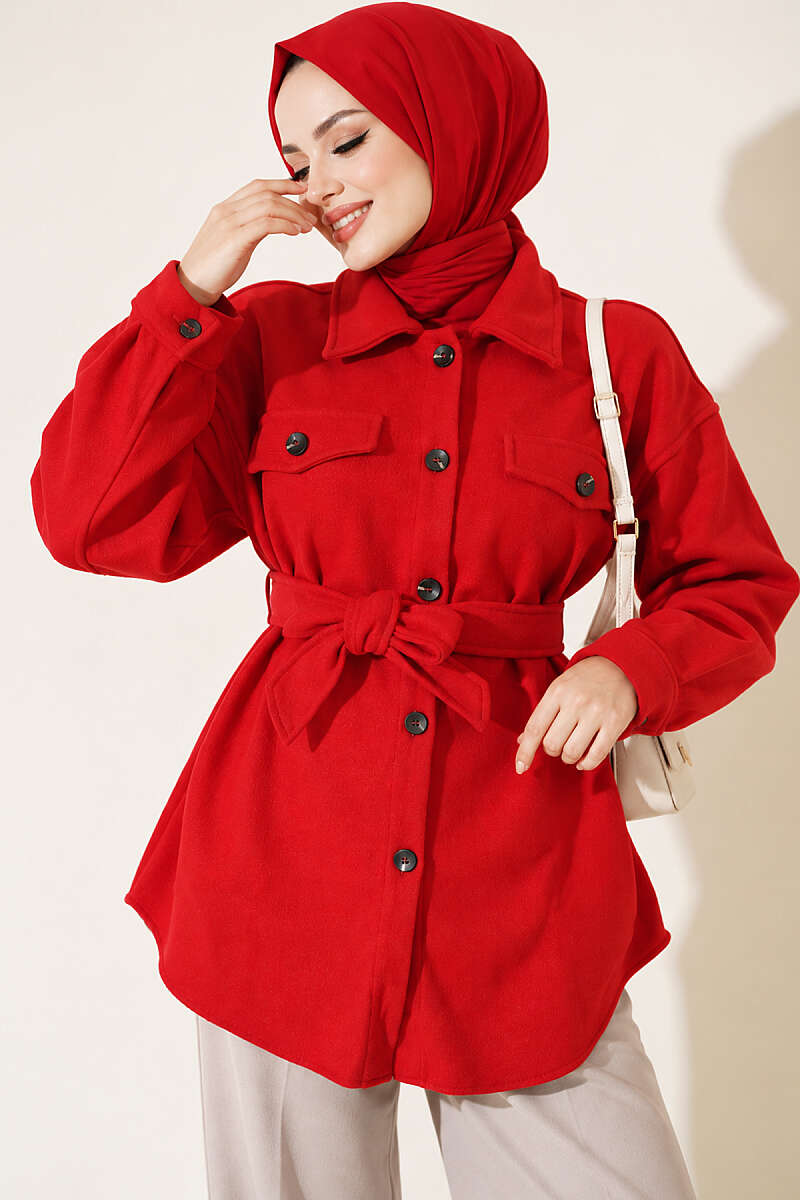 Belted Felt Jacket with Buttons - Red