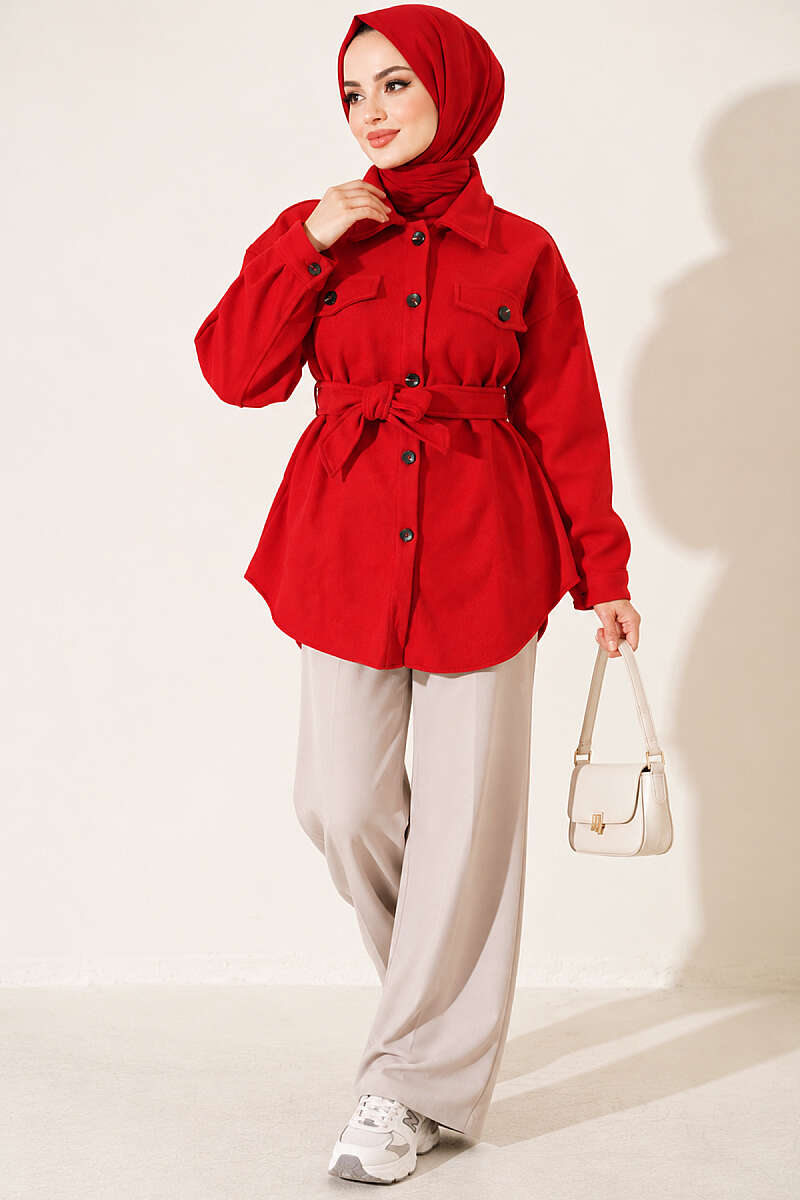 Belted Felt Jacket with Buttons - Red