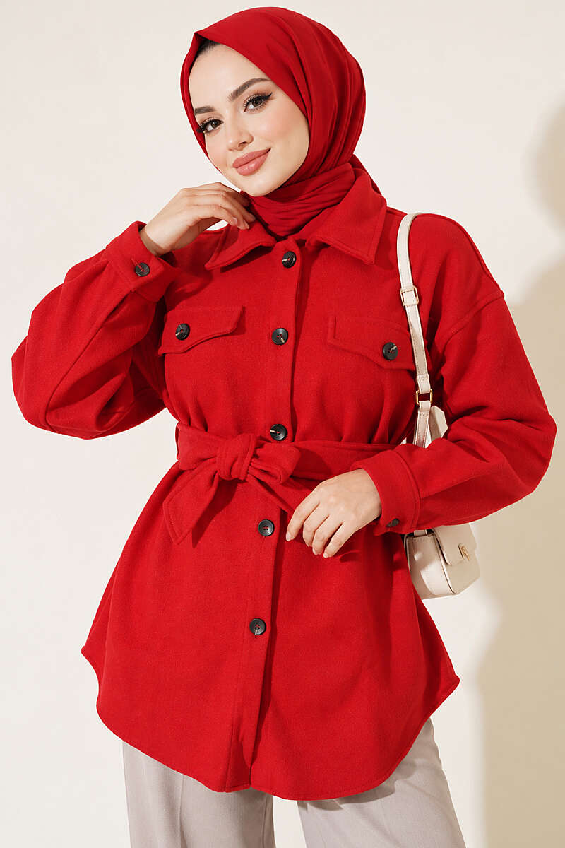 Belted Felt Jacket with Buttons - Red
