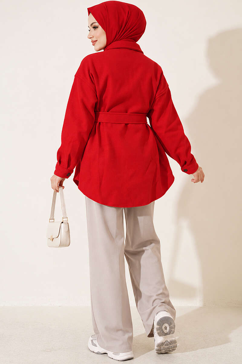 Belted Felt Jacket with Buttons - Red