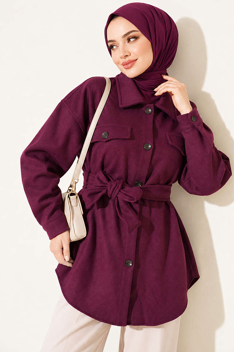 Belted Felt Jacket with Buttons - Purple
