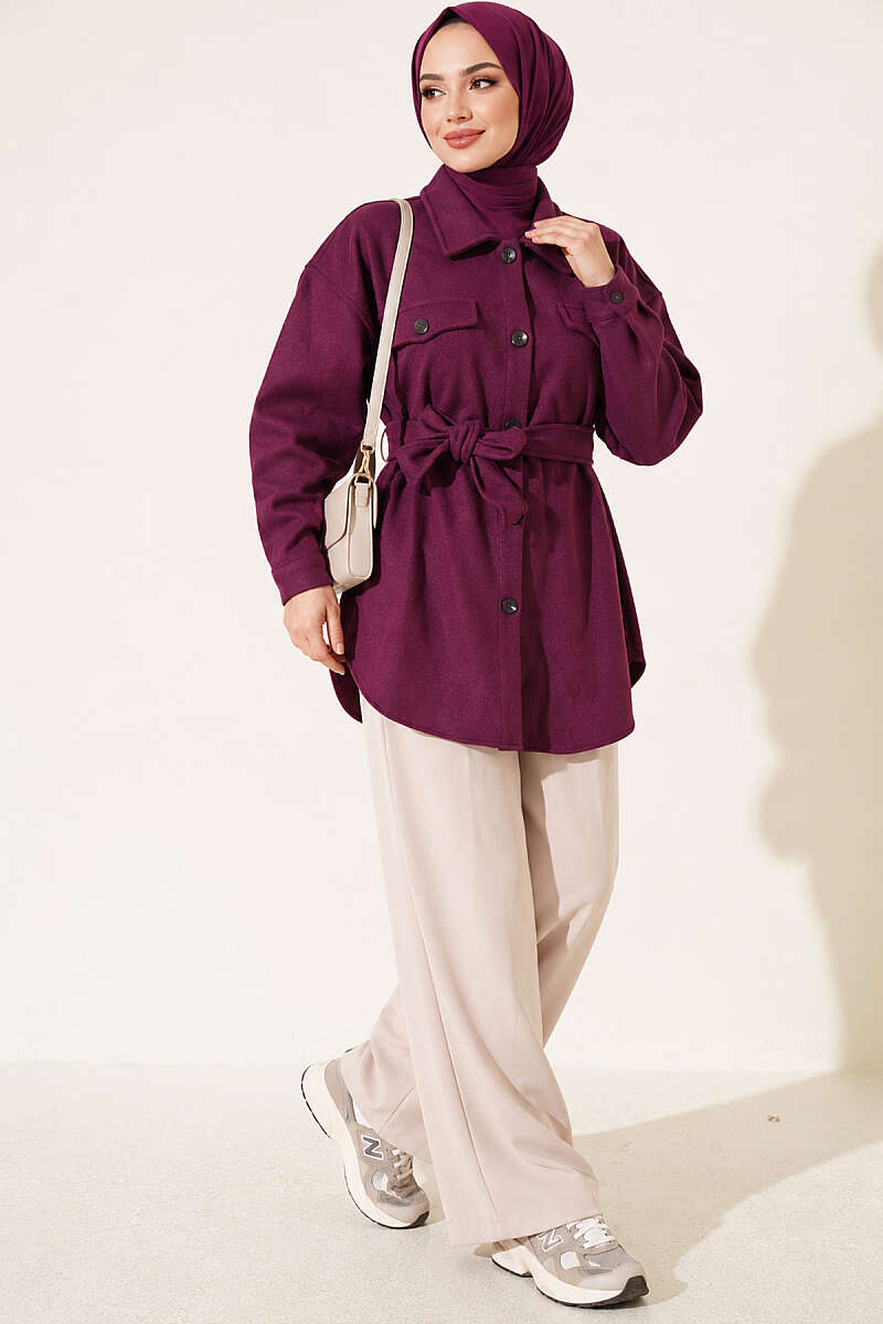 Belted Felt Jacket with Buttons - Purple