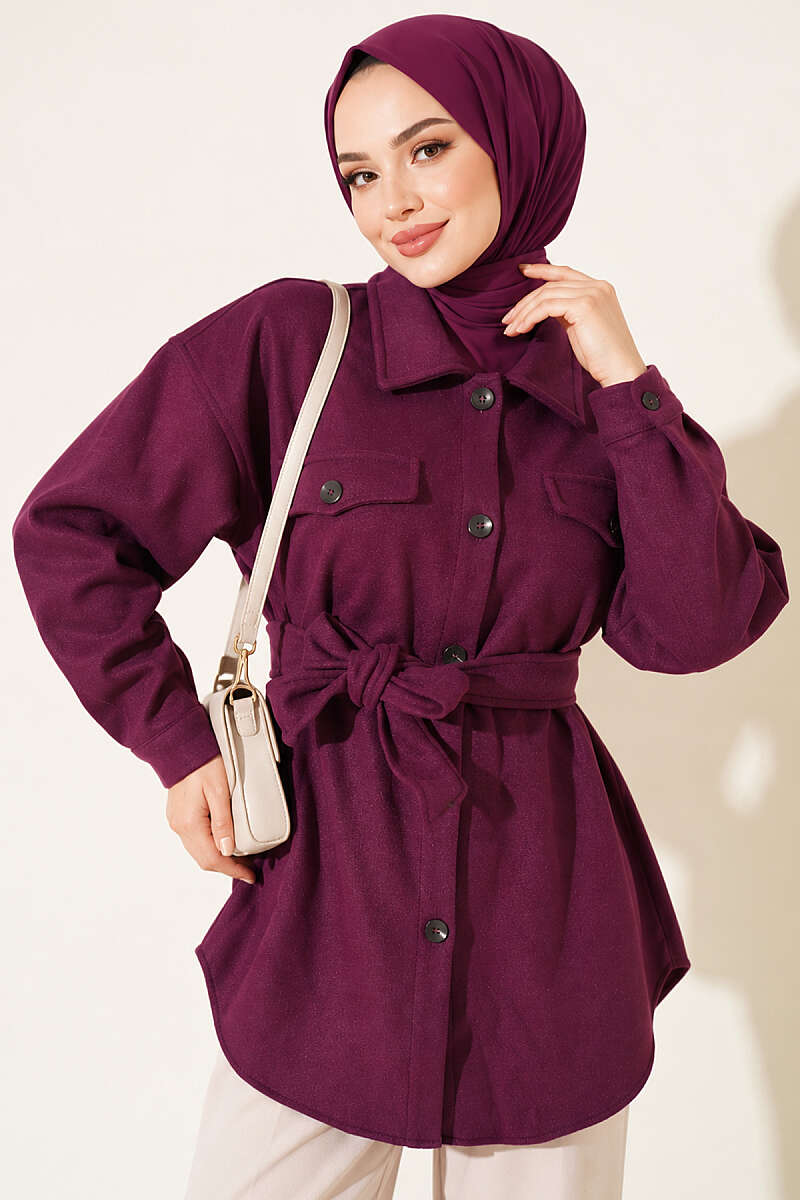 Belted Felt Jacket with Buttons - Purple
