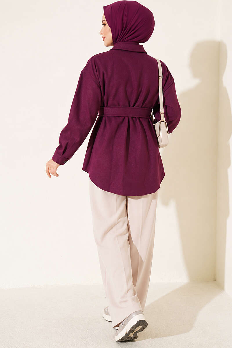 Belted Felt Jacket with Buttons - Purple