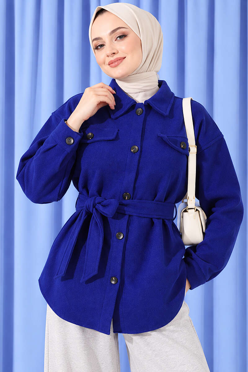Belted Felt Jacket with Buttons - Saxe Blue