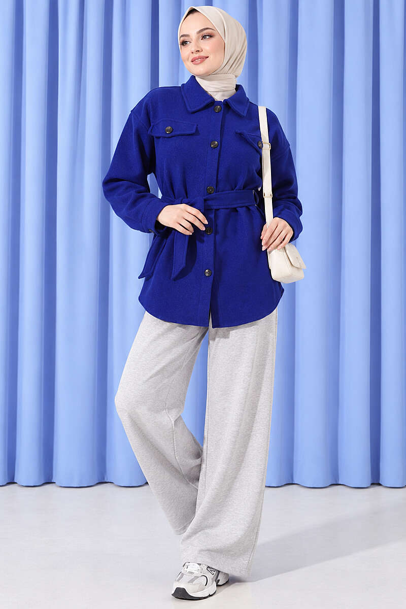 Belted Felt Jacket with Buttons - Saxe Blue
