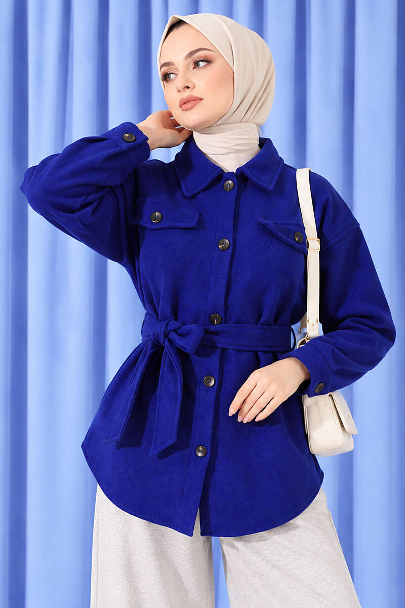 Belted Felt Jacket with Buttons - Saxe Blue