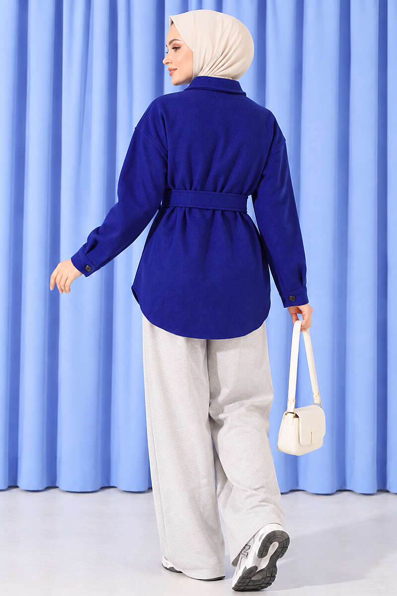 Belted Felt Jacket with Buttons - Saxe Blue