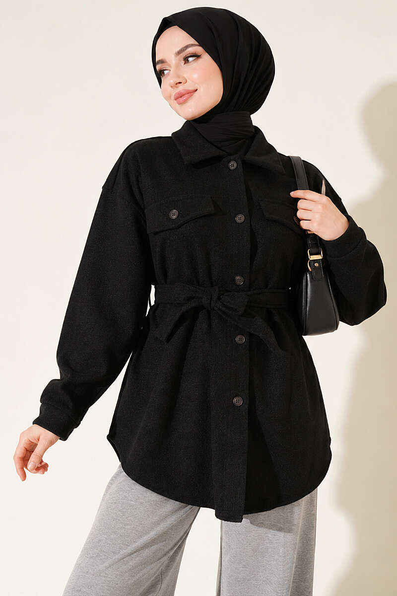 Belted Felt Jacket with Buttons - Black