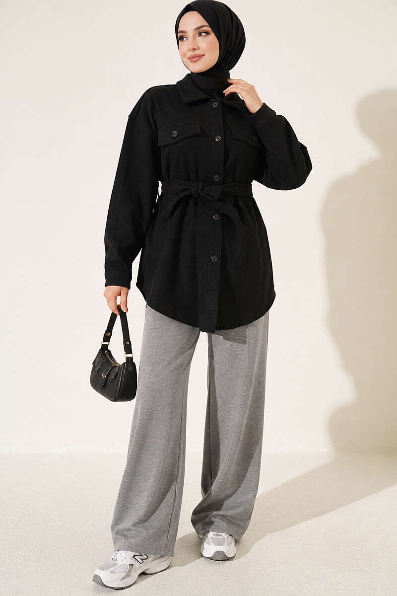 Belted Felt Jacket with Buttons - Black