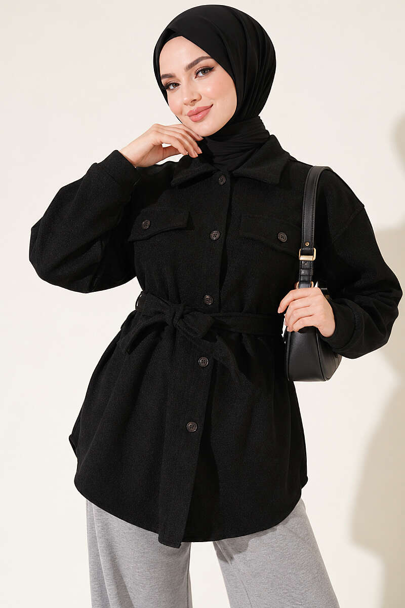 Belted Felt Jacket with Buttons - Black