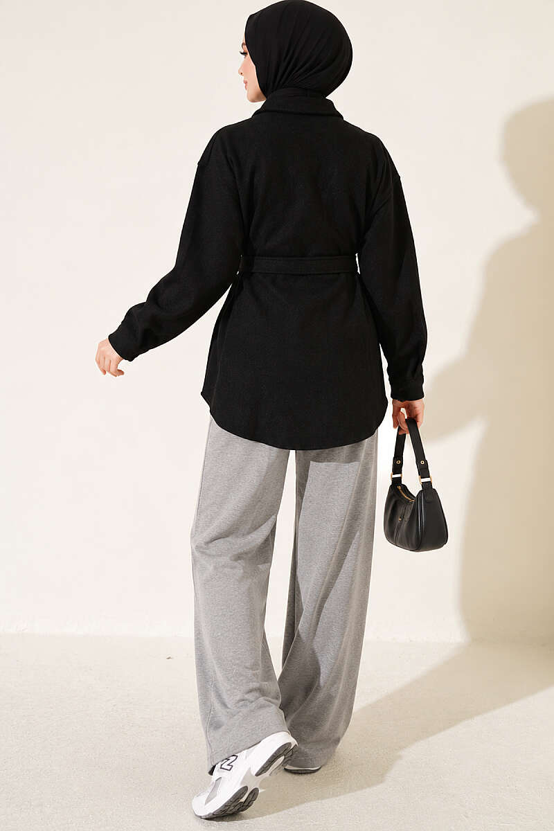 Belted Felt Jacket with Buttons - Black