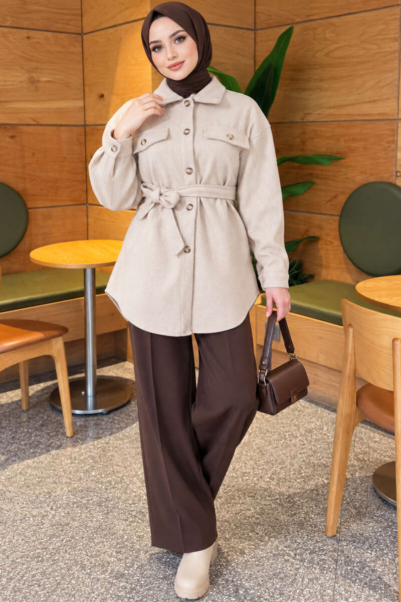 Belted Felt Jacket with Buttons - Stone