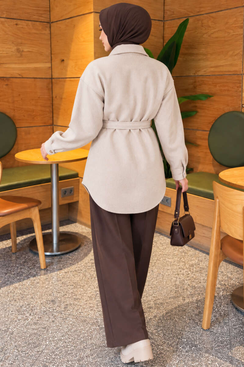 Belted Felt Jacket with Buttons - Stone
