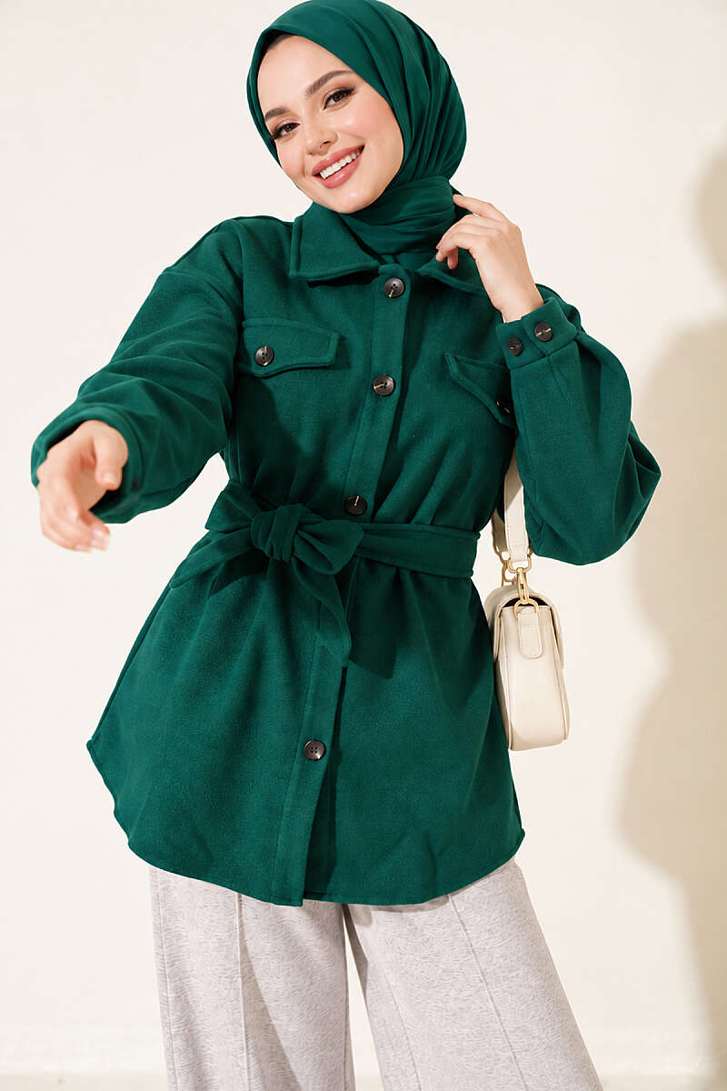 Belted Felt Jacket with Buttons - Emerald