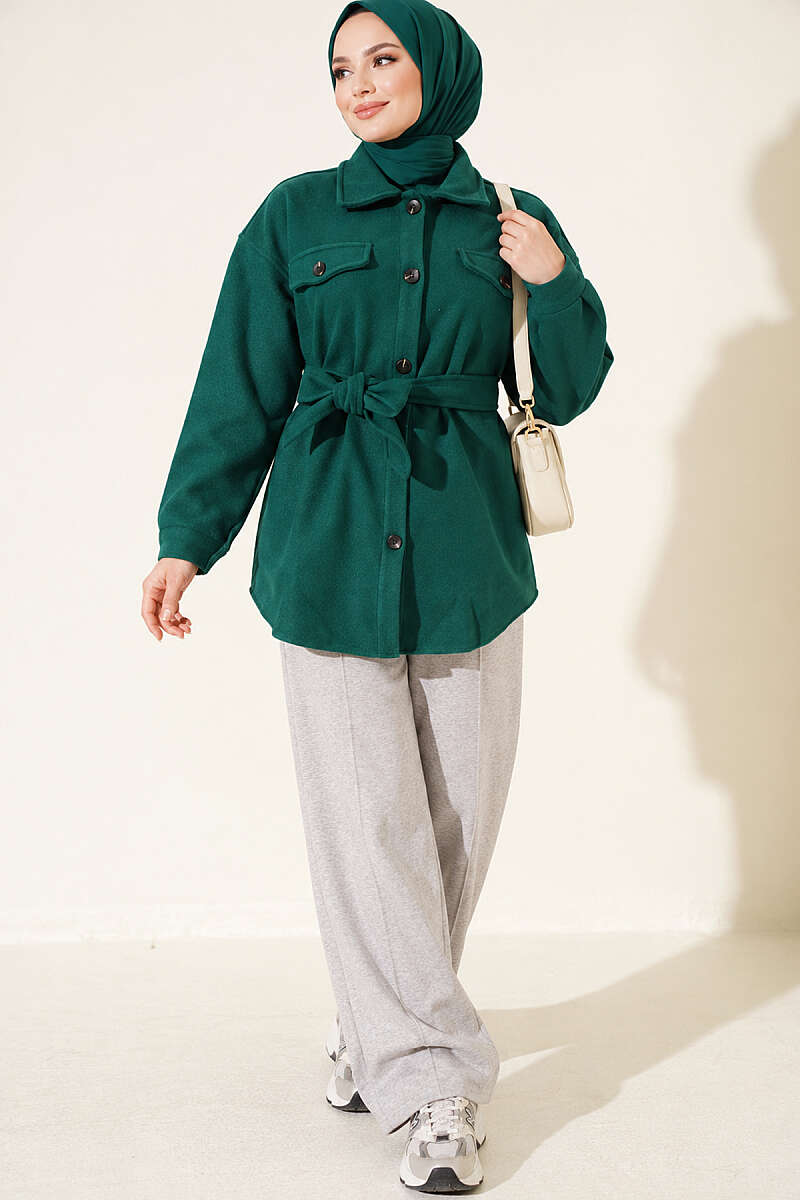 Belted Felt Jacket with Buttons - Emerald