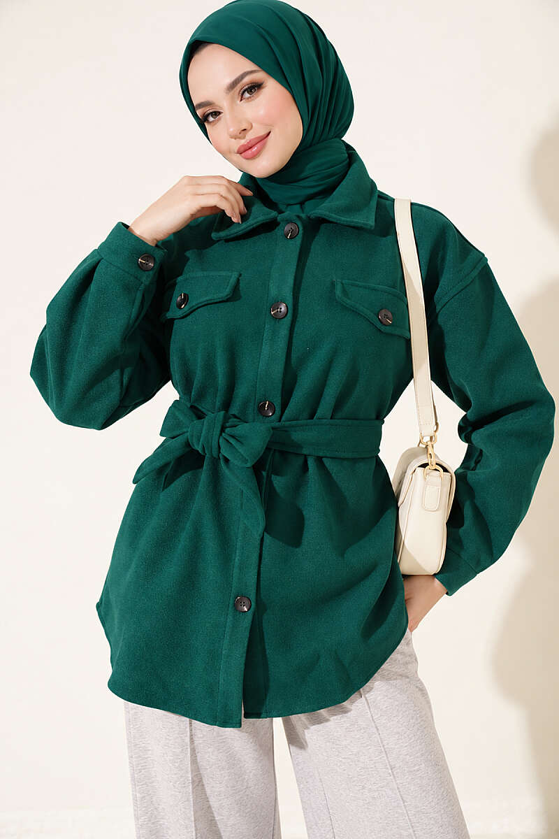 Belted Felt Jacket with Buttons - Emerald