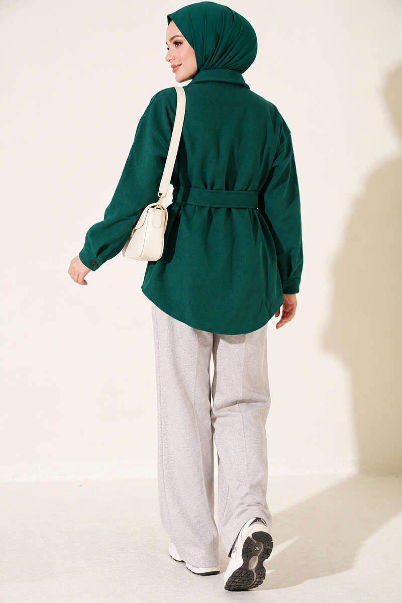 Belted Felt Jacket with Buttons - Emerald