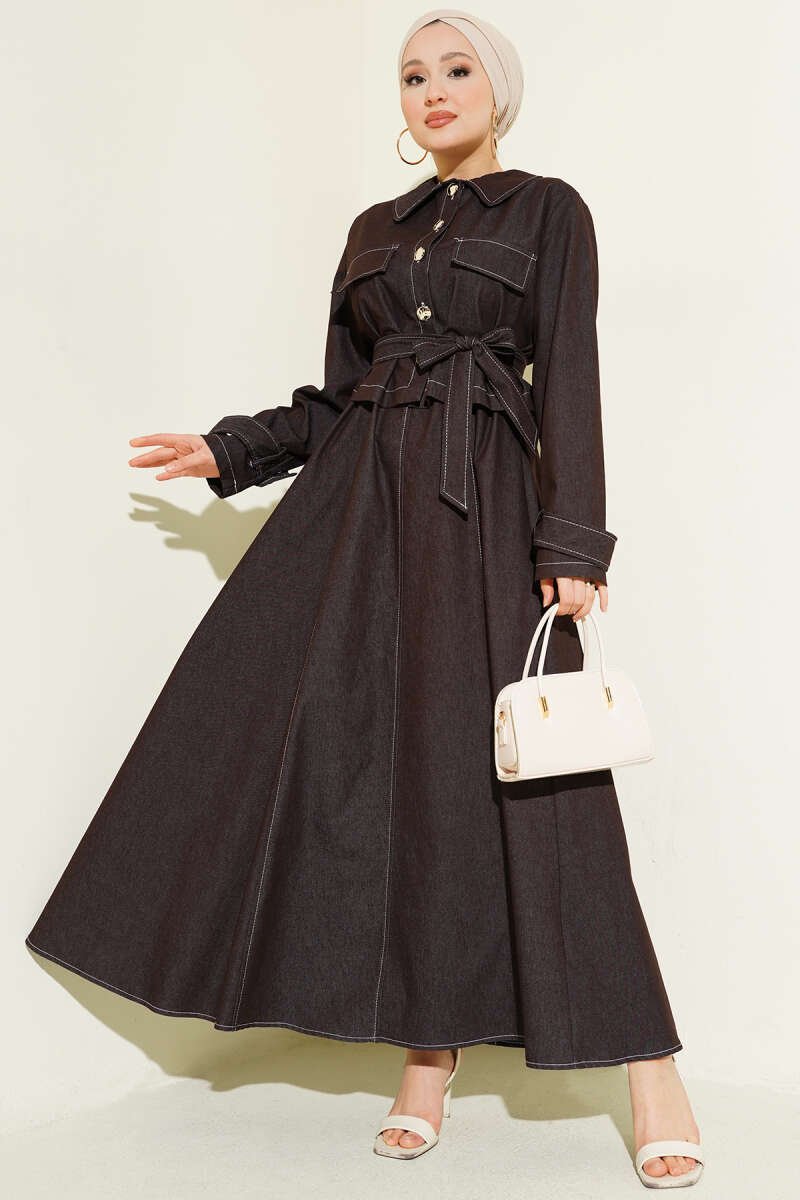 Belted Button Denim Pinafore Set - Brown