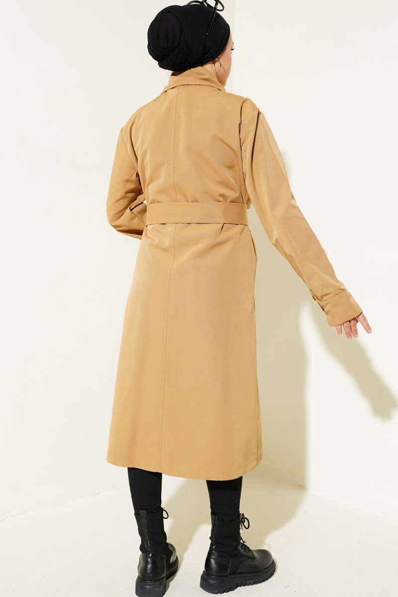 Belted Double-Breasted Button Trench Coat - Camel