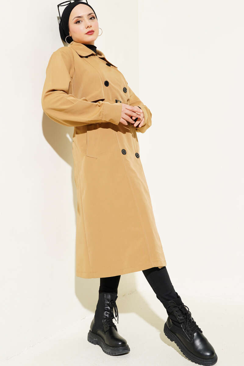 Belted Double-Breasted Button Trench Coat - Camel
