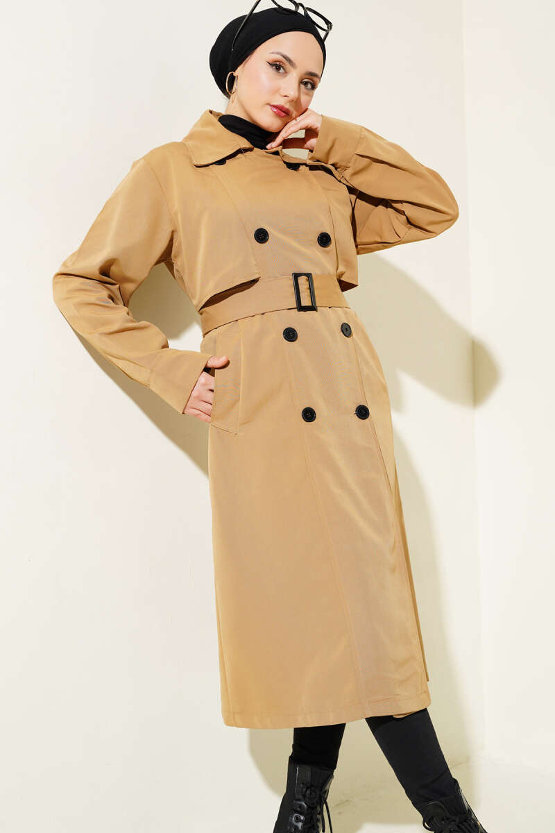 Belted Double-Breasted Button Trench Coat - Camel