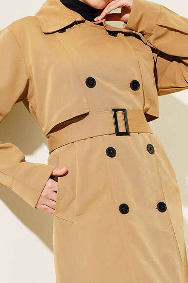 Belted Double-Breasted Button Trench Coat - Camel