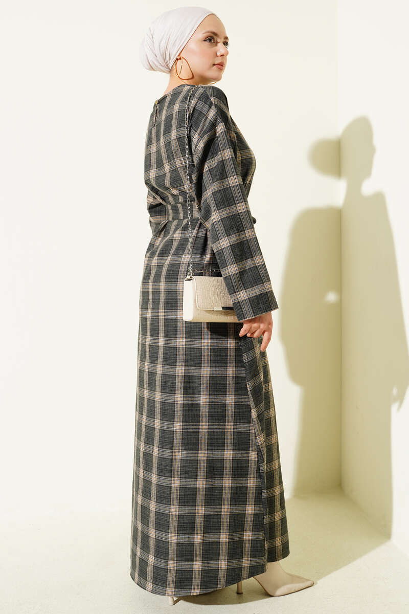 Belted Plaid Flared Dress - Khaki