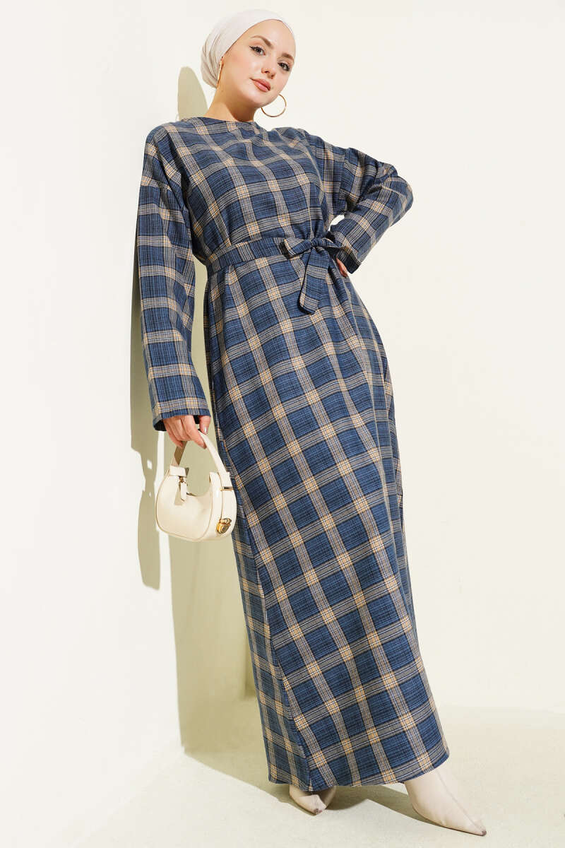Belted Plaid Flared Dress - Indigo