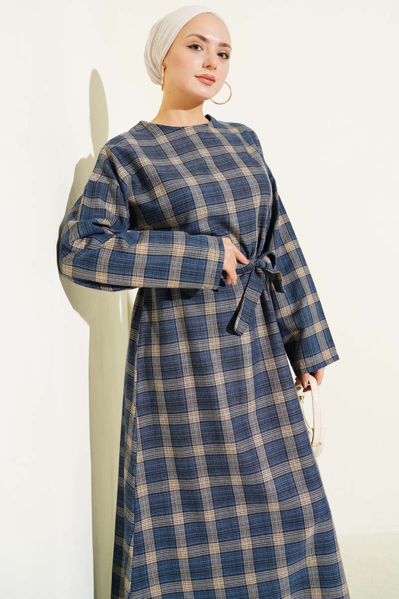 Belted Plaid Flared Dress - Indigo