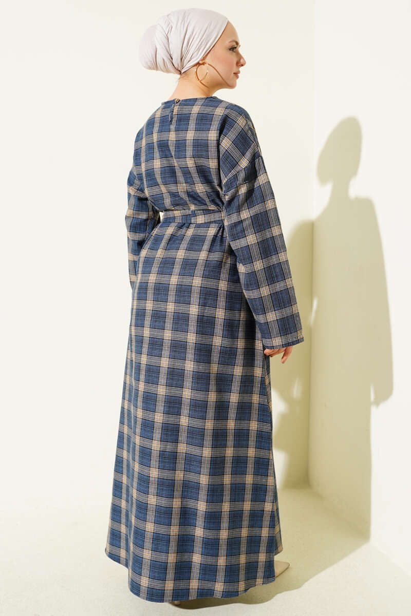Belted Plaid Flared Dress - Indigo