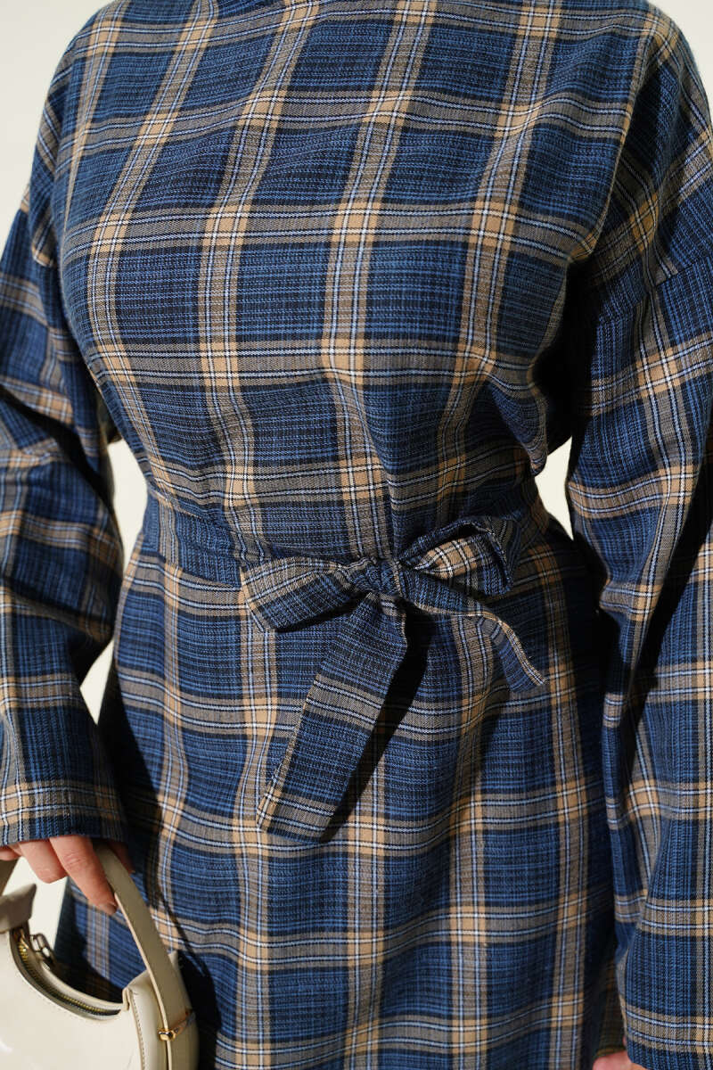 Belted Plaid Flared Dress - Indigo