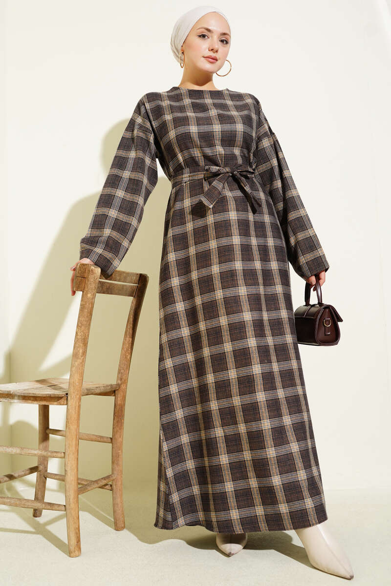 Belted Plaid Flared Dress - Brown